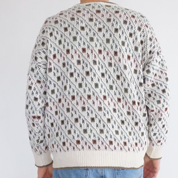 VTG Expressions Ivory Cotton Patterned Knit Retro Cabincore Eclectic Sweater L - Picture 2 of 12